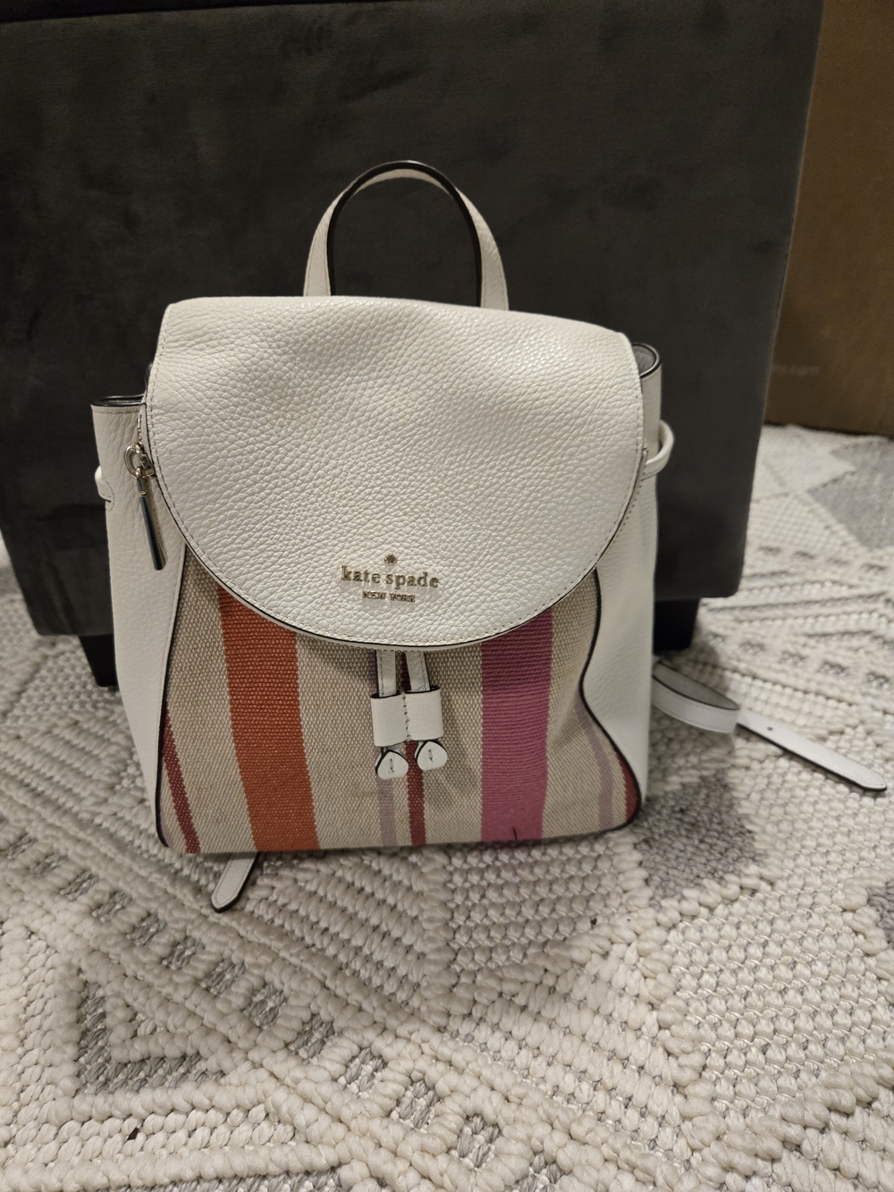 kate spade White Leather Mini Backpack with Orange & Pink Stripes
